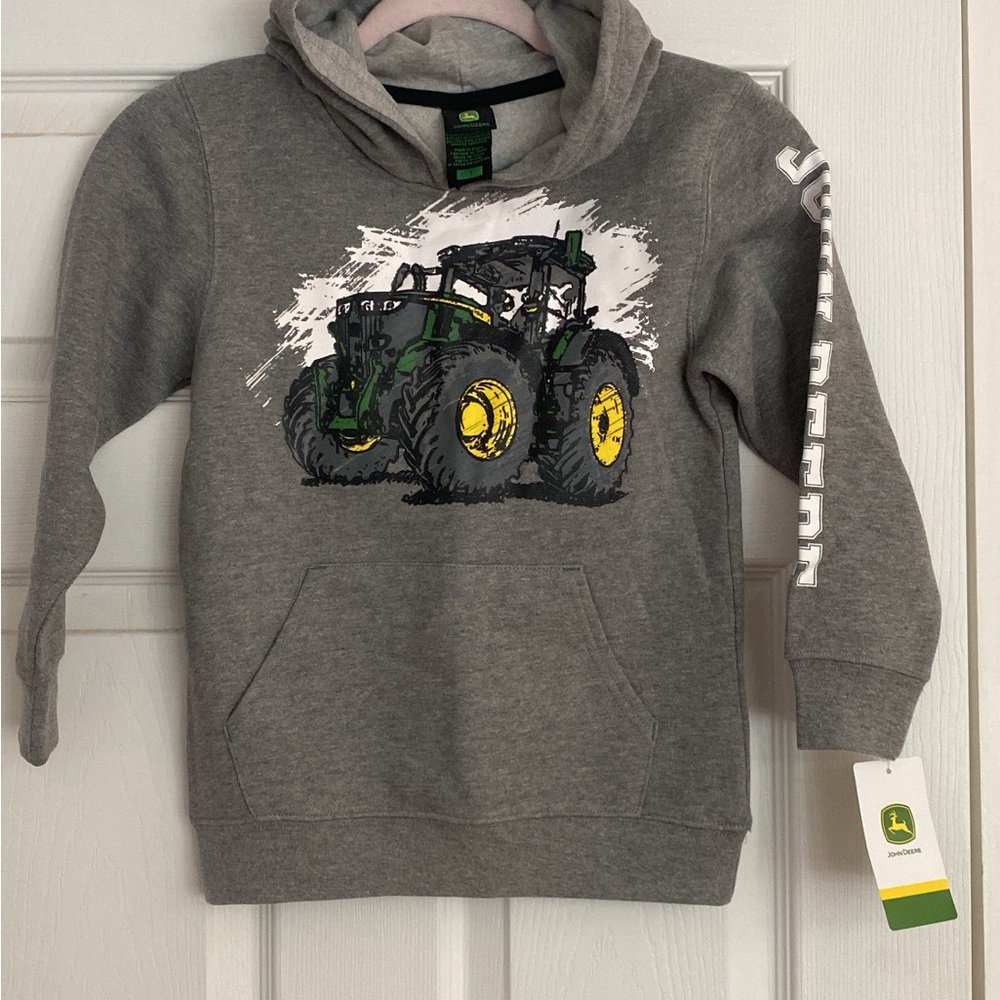 NWT John Deere Gray Hoodie with Tractor Design and Sleeve lettering.